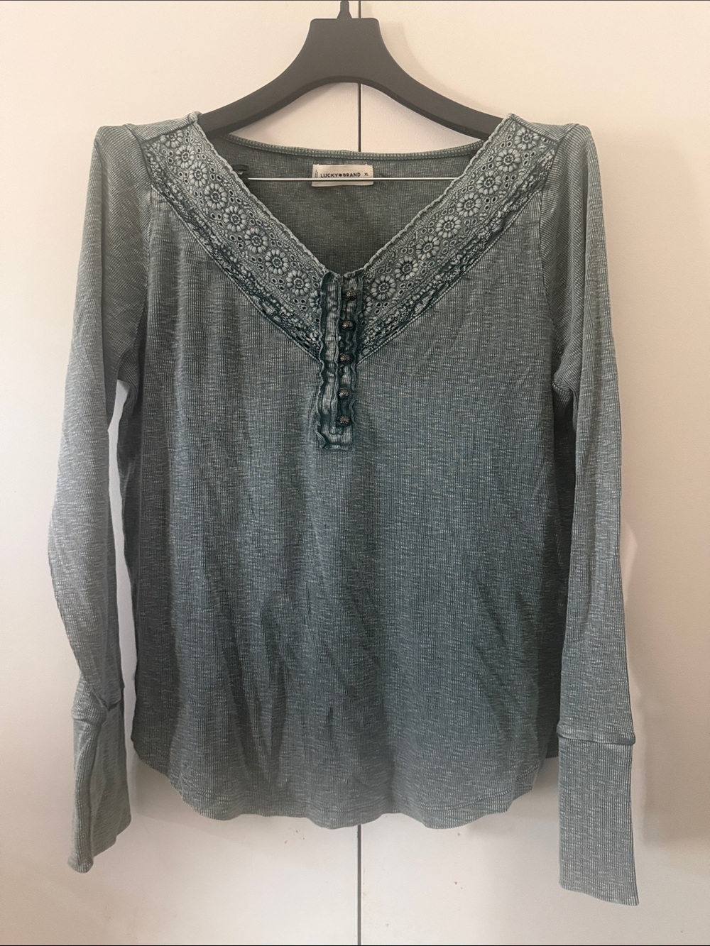 Lucky Brand Lace-Trim V-Neck Long Sleeve Top in Slate Green